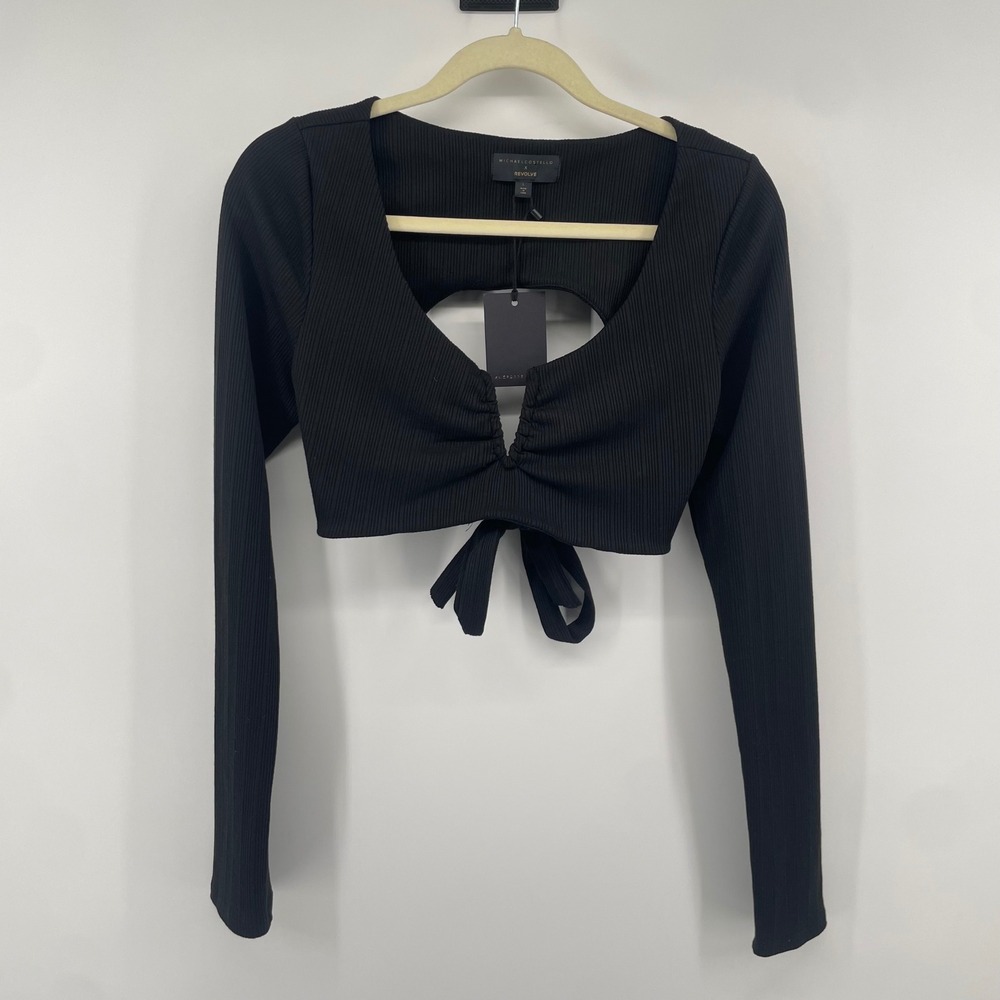 Michael Costello x REVOLVE Crop Top Womens L Black Ribbed Long Sleeve Cutout Tie